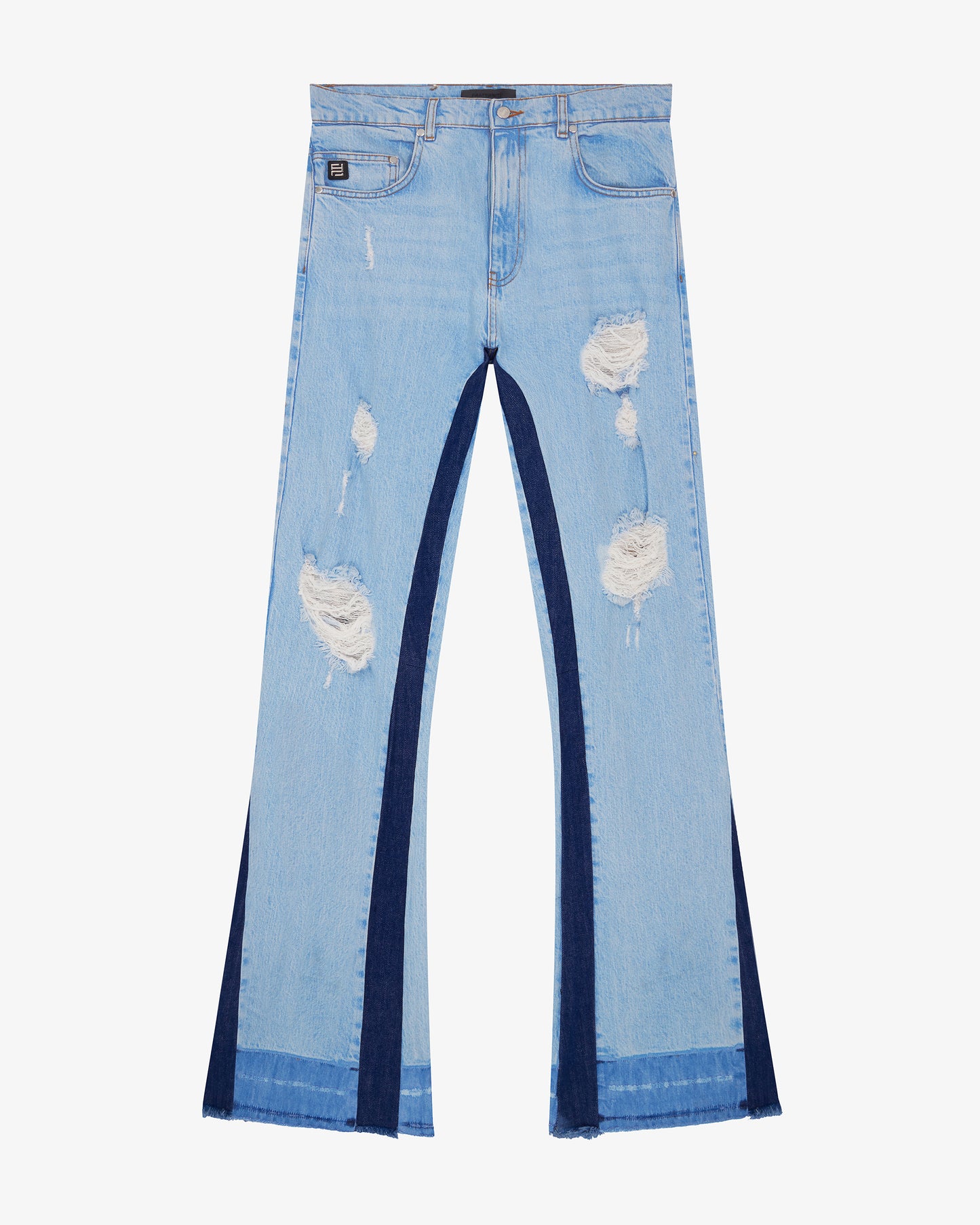 Reconstructed Washed Denim Flare Jeans